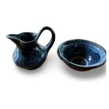 Small Blue Ceramic Pitcher and Bowl Set with Drip Glaze Finish