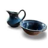 Small Blue Ceramic Pitcher and Bowl Set with Drip Glaze Finish