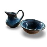 Small Blue Ceramic Pitcher and Bowl Set with Drip Glaze Finish