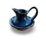 Small Blue Ceramic Pitcher and Bowl Set with Drip Glaze Finish