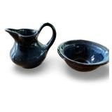 Small Blue Ceramic Pitcher and Bowl Set with Drip Glaze Finish
