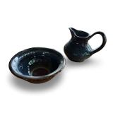 Small Blue Ceramic Pitcher and Bowl Set with Drip Glaze Finish