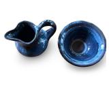 Small Blue Ceramic Pitcher and Bowl Set with Drip Glaze Finish
