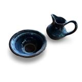 Small Blue Ceramic Pitcher and Bowl Set with Drip Glaze Finish