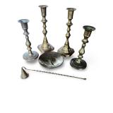 Set of 4 Vintage Brass Candlesticks with Candle Snuffer and Candle Plate
