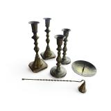 Set of 4 Vintage Brass Candlesticks with Candle Snuffer and Candle Plate