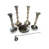 Set of 4 Vintage Brass Candlesticks with Candle Snuffer and Candle Plate