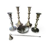 Set of 4 Vintage Brass Candlesticks with Candle Snuffer and Candle Plate