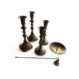 Set of 4 Vintage Brass Candlesticks with Candle Snuffer and Candle Plate