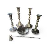 Set of 4 Vintage Brass Candlesticks with Candle Snuffer and Candle Plate
