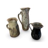 Set of 3 Handcrafted Studio Pottery Pitchers