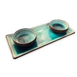 Japanese Ceramic Serving Tray with 2 Matching Bowls, Blue Glaze