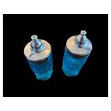 Pair of Blue Daisy Button Pattern Glass Shakers with Silver-Tone Lids