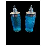 Pair of Blue Daisy Button Pattern Glass Shakers with Silver-Tone Lids
