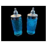 Pair of Blue Daisy Button Pattern Glass Shakers with Silver-Tone Lids
