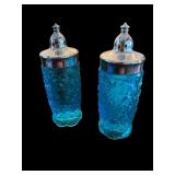 Pair of Blue Daisy Button Pattern Glass Shakers with Silver-Tone Lids
