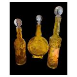 Set of 3 Amber Glass Decanters with Crystal Stoppers