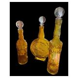 Set of 3 Amber Glass Decanters with Crystal Stoppers