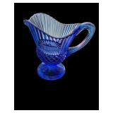 Cobalt Blue Pressed Glass Pitcher, Apothecary Jar, and Art Glass Sphere Set