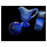 Cobalt Blue Pressed Glass Pitcher, Apothecary Jar, and Art Glass Sphere Set