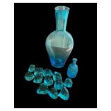 Blue Glass Decanter Set with Stopper and Decorative Glass Stones