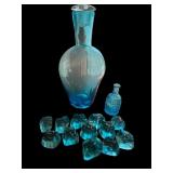 Blue Glass Decanter Set with Stopper and Decorative Glass Stones