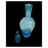 Blue Glass Decanter Set with Stopper and Decorative Glass Stones