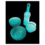 Aqua Blue Vintage Glass Bowl and Bottle Set