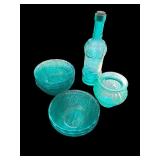 Aqua Blue Vintage Glass Bowl and Bottle Set