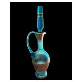 Vintage Blue and Gold Art Glass Decanter with Stopper