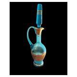 Vintage Blue and Gold Art Glass Decanter with Stopper