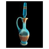 Vintage Blue and Gold Art Glass Decanter with Stopper