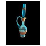 Vintage Blue and Gold Art Glass Decanter with Stopper