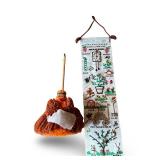 Vintage Embroidered Wall Hanging and Yarn Doll Broom Decor Set