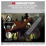 Monster 15ft Black Power Strip and Tower Surge Protector, Heavy Duty Protection, 300 Joule Rating and 6 120V-Outlets Monster 15ft Black Power Strip and Tower Surge Protector, Heavy Duty Protection, 300 Joule Rating and 6 120V-Outlets