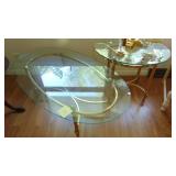 3- Glass and Brass Tables, Oval 48" x 17" x 28", End 28" x 22" x 24", 44" Rd x 17"