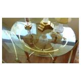 3- Glass and Brass Tables, Oval 48" x 17" x 28", End 28" x 22" x 24", 44" Rd x 17"