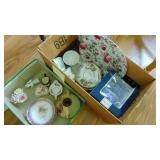 2 Boxes of Assorted Cups & Saucers and Other China Decor