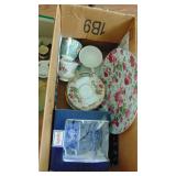 2 Boxes of Assorted Cups & Saucers and Other China Decor