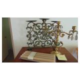 Brass Candelabra with Smoked Prisms, Iron Candleholder and New Candles
