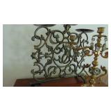 Brass Candelabra with Smoked Prisms, Iron Candleholder and New Candles