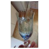 3 Sets of Stemware, Set of 6 Purple and Clear, Set of 4 Dark Purple and Clear, Set of 4 Lighter Blue and Etched