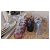3 Sets of Stemware, Set of 6 Purple and Clear, Set of 4 Dark Purple and Clear, Set of 4 Lighter Blue and Etched