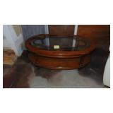 Oak Oval Coffee Table with Glass Top, 45" x 17" x 25"