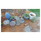 Misc Garden Items- 3 Pots, 3 Waking Stones, Bird Figure and 2 Stands