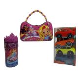 Toy lot featuring Disney Princess items, including a metal storage purse and Wonder Wheels.