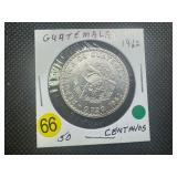 1962 Guatemala 50 Centavos 0.72 Silver Coin