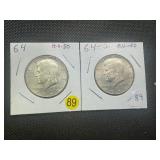 Two 90% Silver Kennedy Half Dollars: 1964 and 1964-D - Both Marked AU50 when Purchased