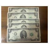 Five Sequential Red Seal $2 Bill