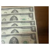 Five Sequential Red Seal $2 Bill